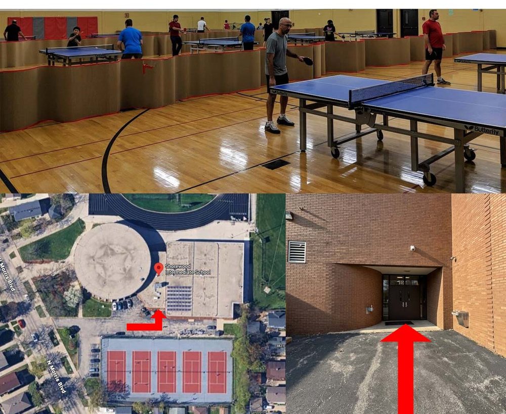 Shorewood Intermediate School gym with tables set up, aerial map and the gym entrance