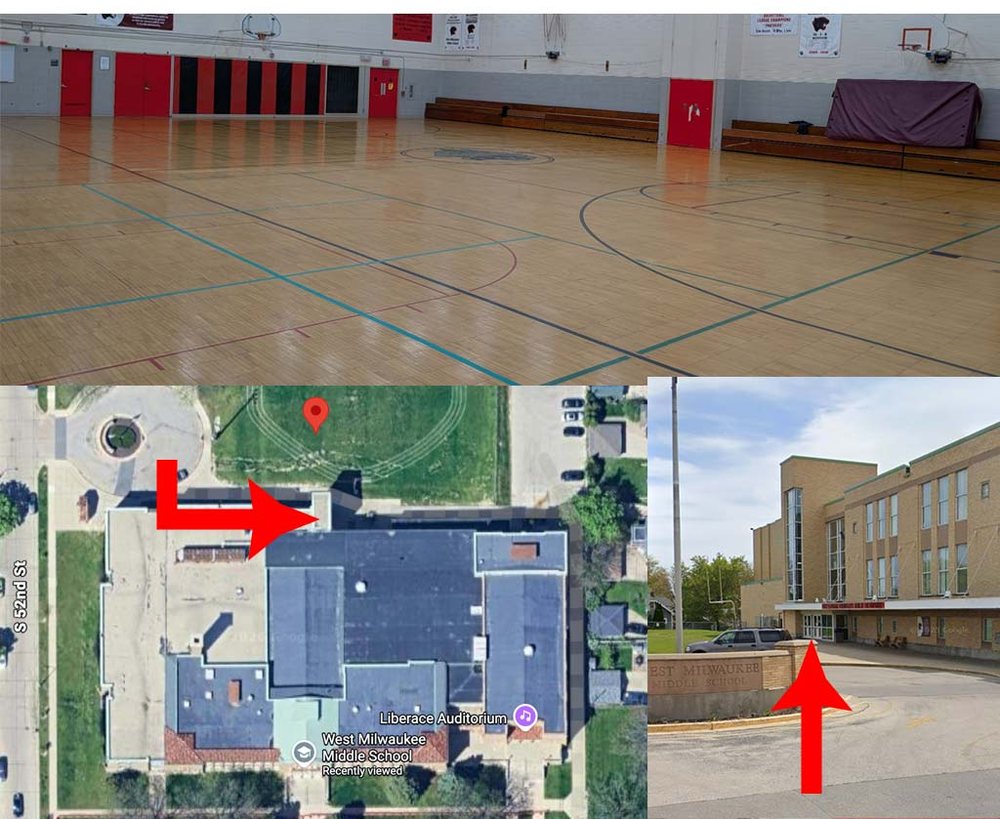 West Milwaukee Intermediate School gym, aerial map and the school entrance