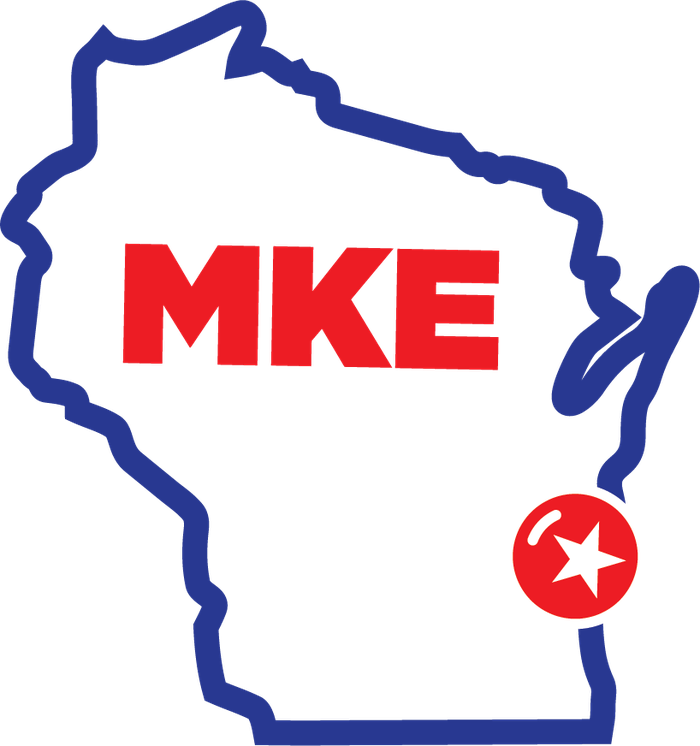 Outline of Wisconsin marked MKE with a table tennis ball over Milwaukee